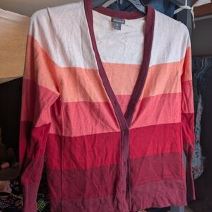 Eddie Bauer Sz L Lightweight Red and Pink Striped Cardigan